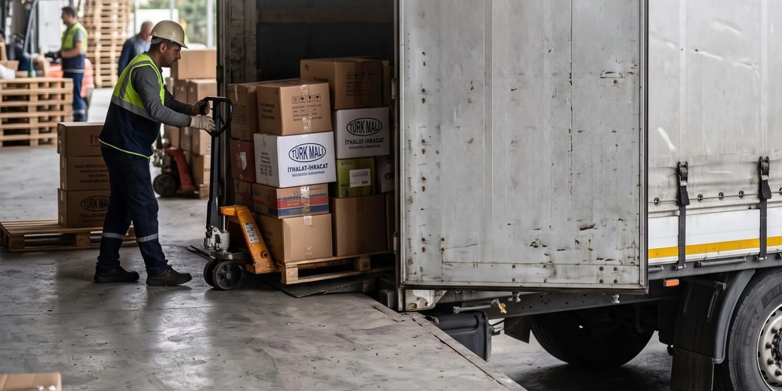 Worker loading boxed goods into a truck with a pallet jack