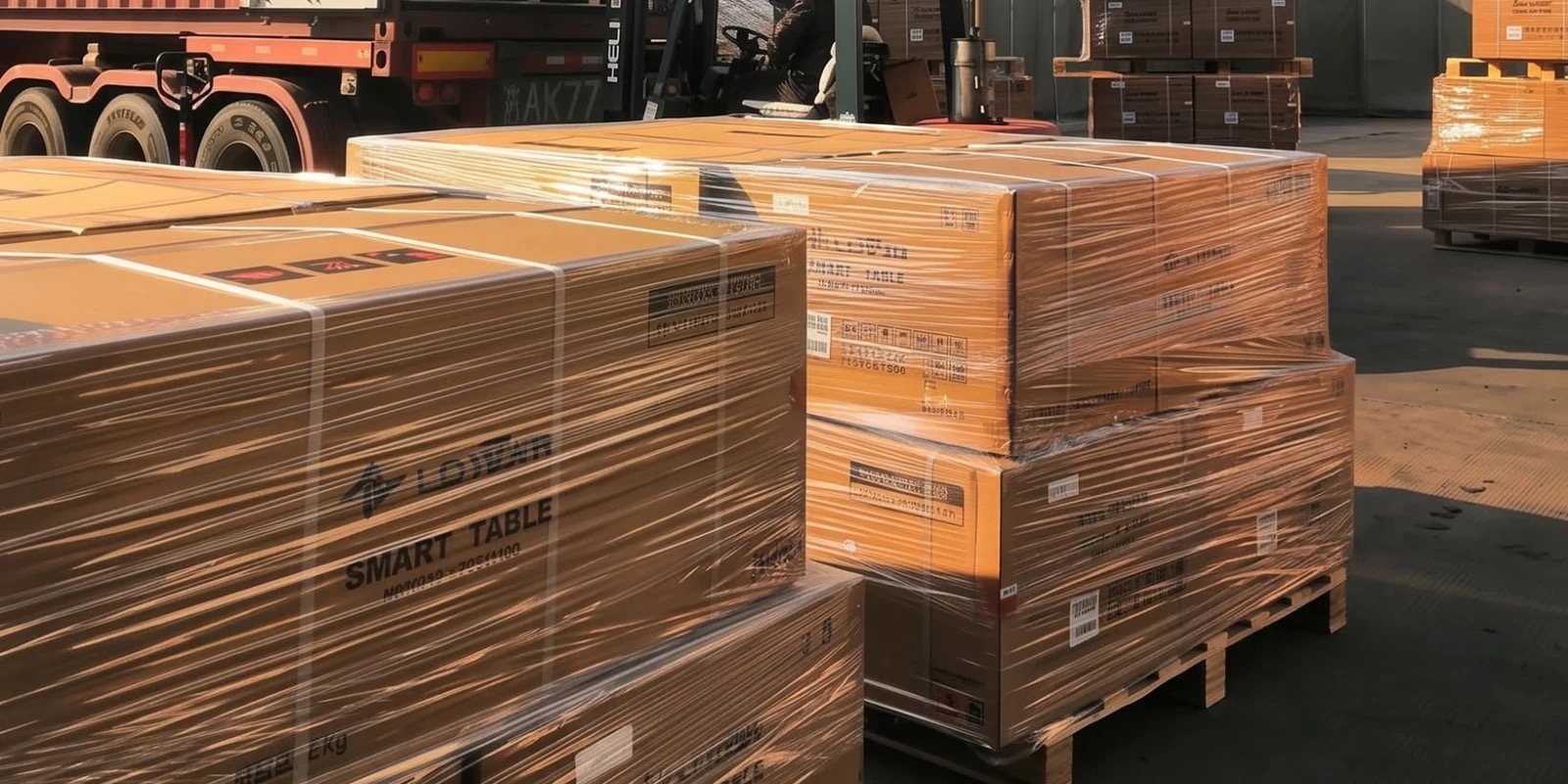 Shrink-wrapped and strapped pallets ready for shipping